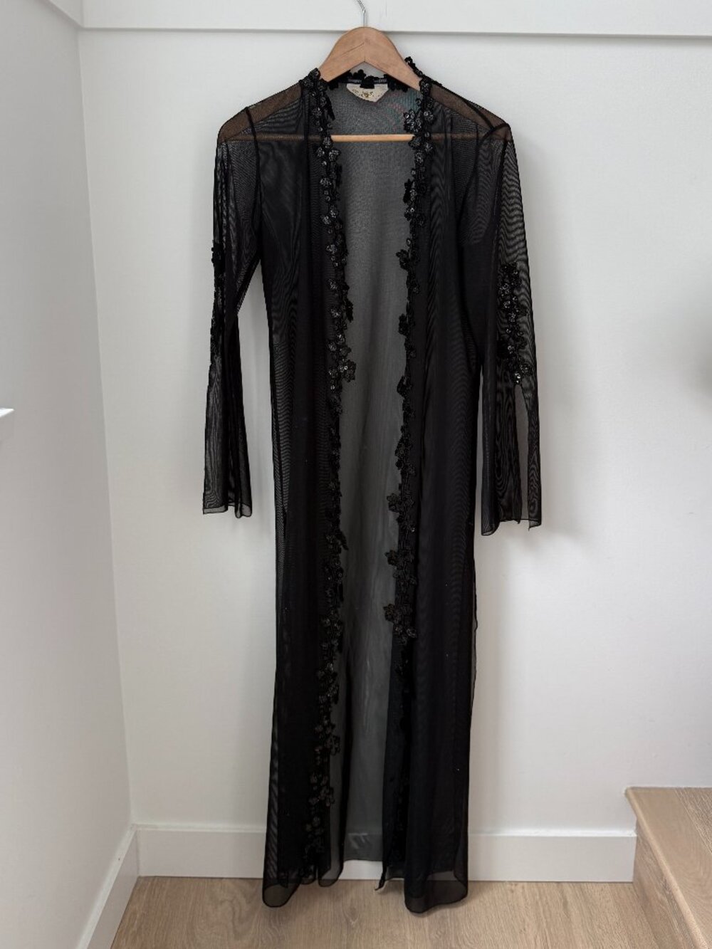 Vintage SAGAIE PARIS Sheer Mesh Duster Kimono Robe Floral Sequin Accent France